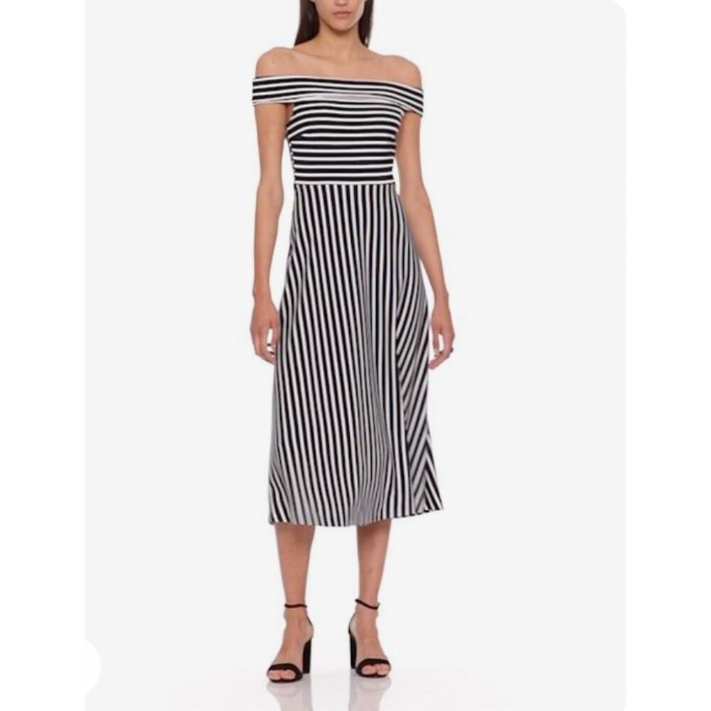 Banana Republic Ponte Off Shoulder Midi Dress Black White Stripe Size 0